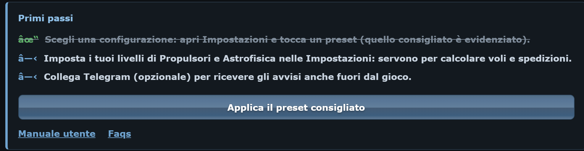 Riquadro Primi passi