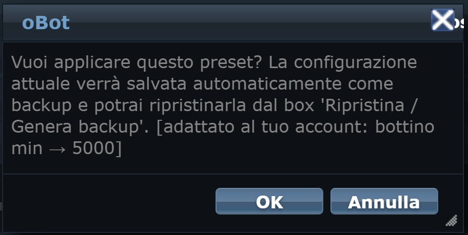 Conferma del preset con i valori adattati
