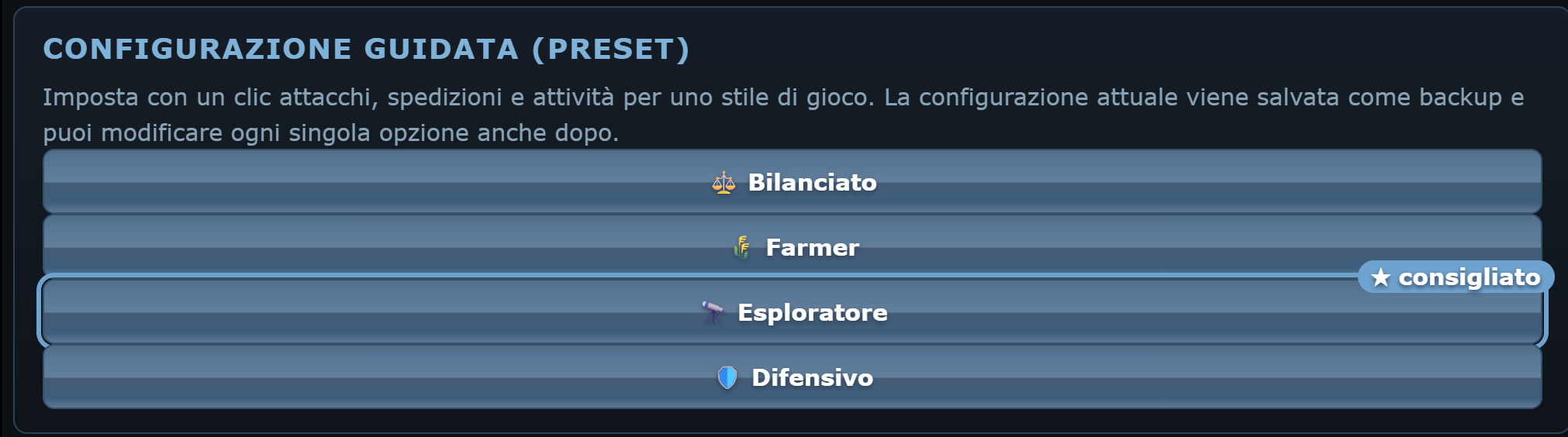 Configurazione guidata con i preset