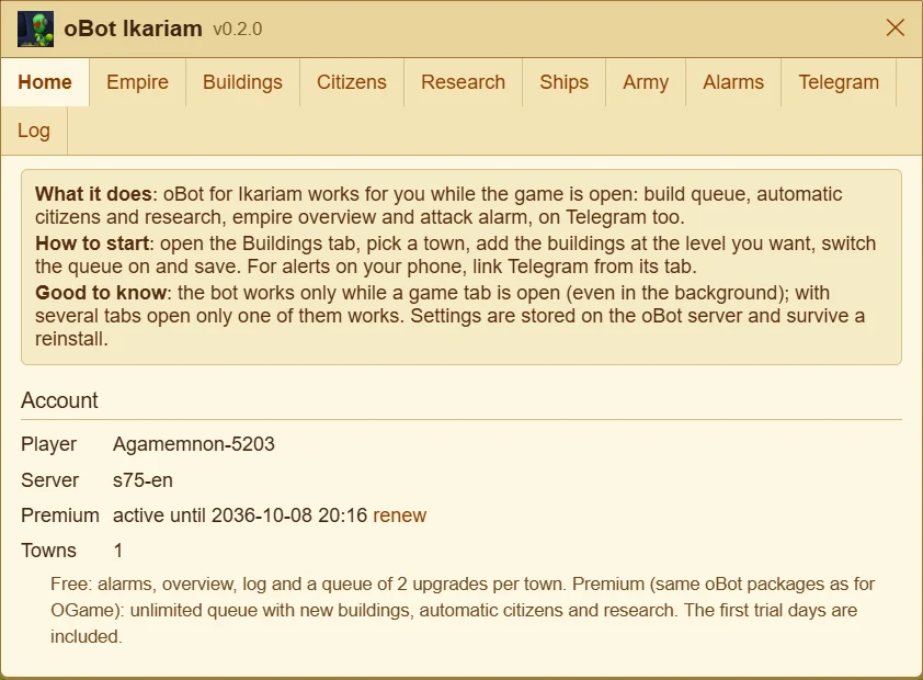 oBot Ikariam — Your towns grow by themselves: buildings, citizens, research and Telegram alerts